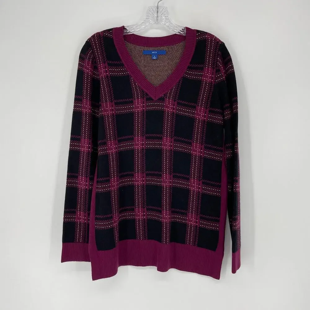 Apt. 9 Purple & Black Plaid V-Neck Sweater Size Small